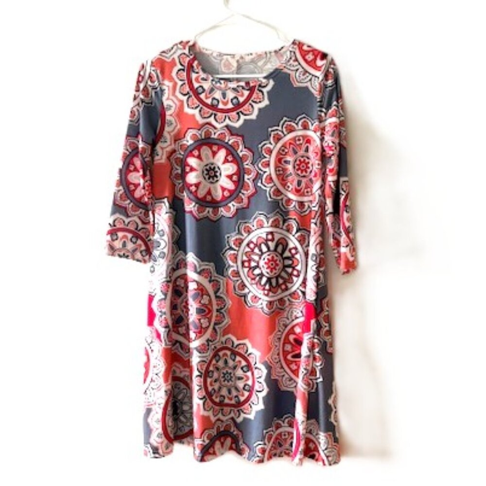 Gray and Coral Floral Swing Dress with 3/4 Sleeves